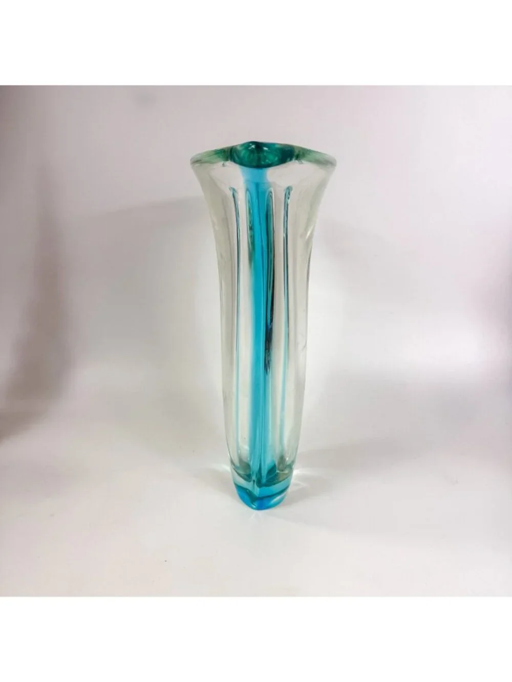 Murano Sommerso Art Glass Blue Green Trumpet Biomorphic Flared Vase 14